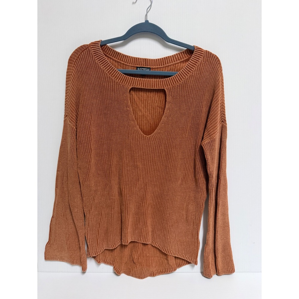 Express Womens Burnt Orange Keyhole Cutout Knit Sweater High Low Hem Small